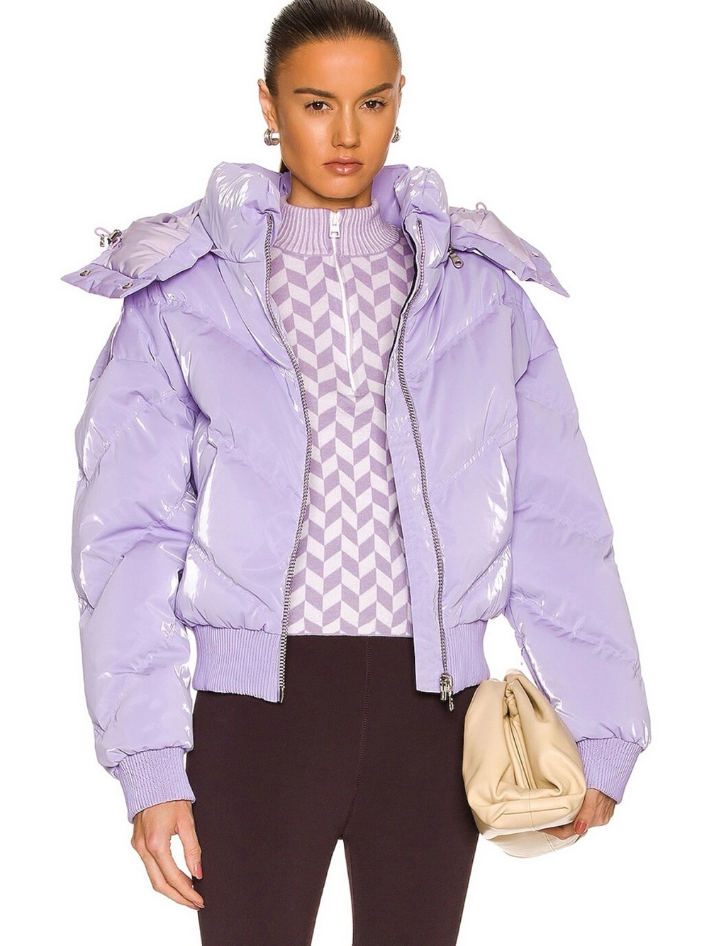 Glossy Lavender Cropped Puffer Jacket with Hood - Women